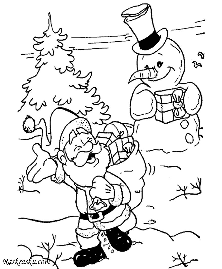 Новогодние раскраски для дед Мороз и елка и Снеговик